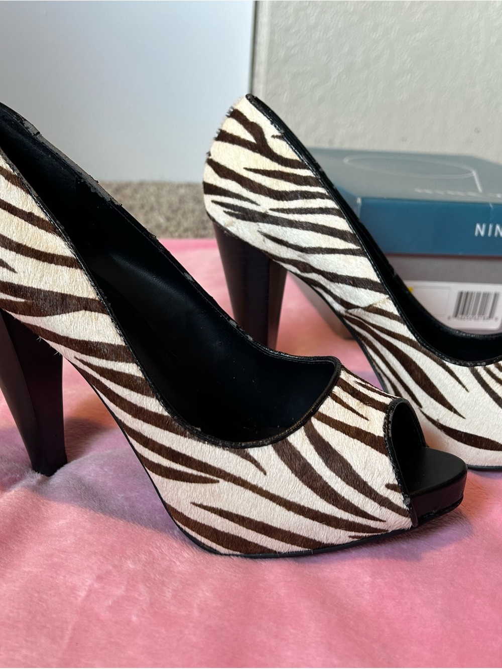 Nine West Vintage Zebra Pony Hair Peep-Toe Heels - Brown/Black/White